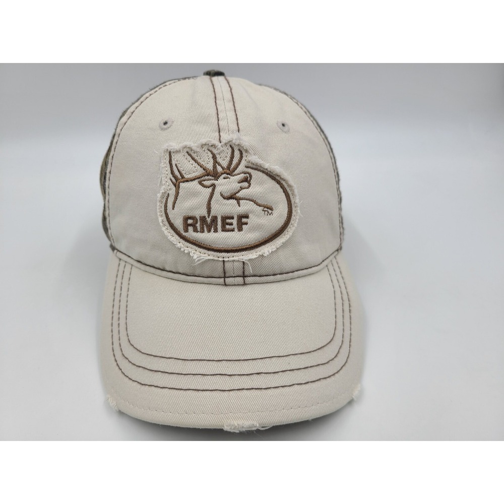 RMEF Rocky Mountain Elk Foundation Camo Distressed Strapback Adjustable Hat Cap
